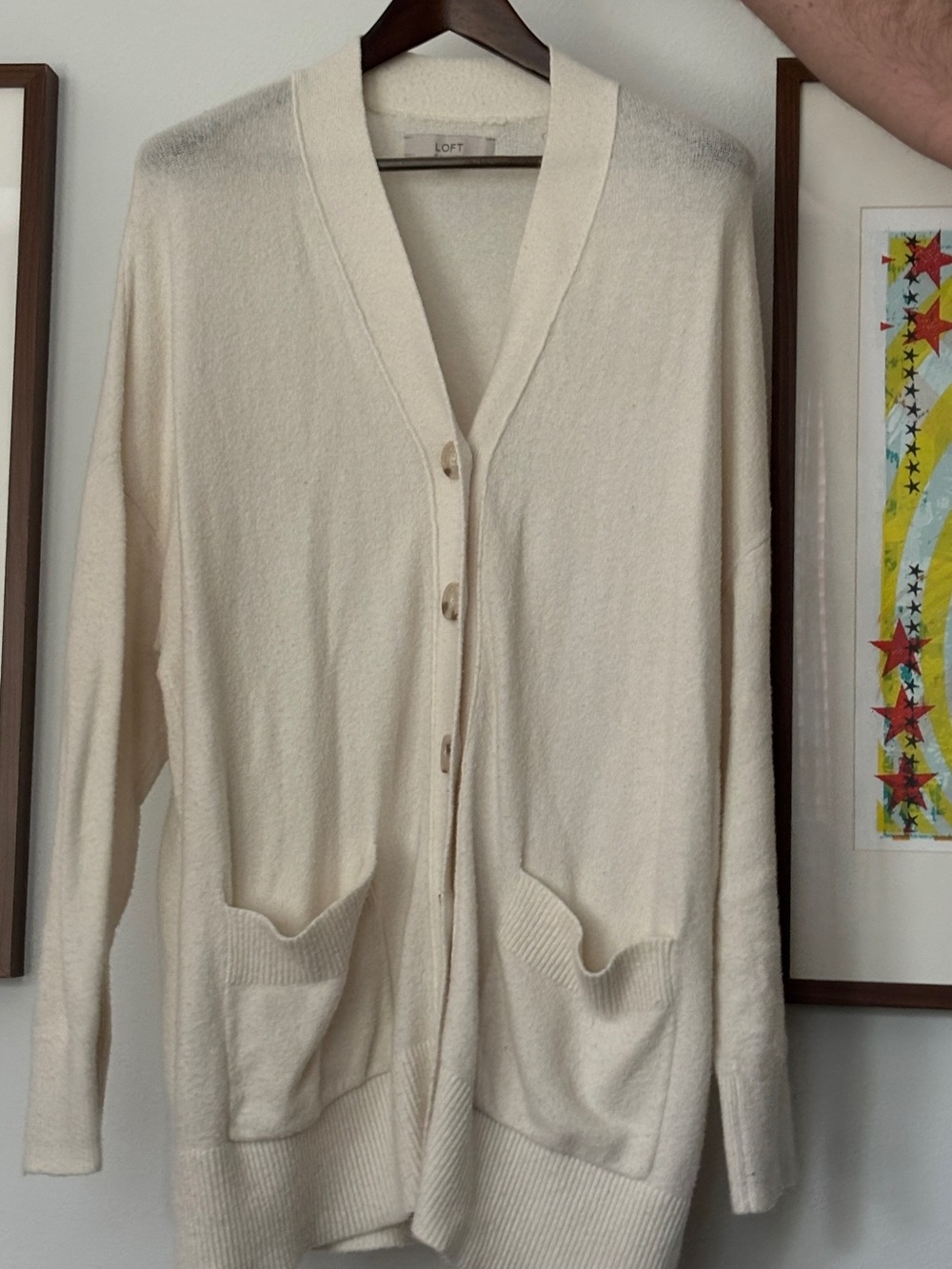 LOFT Cream Oversized Crewneck Sweater - Soft Knit button up